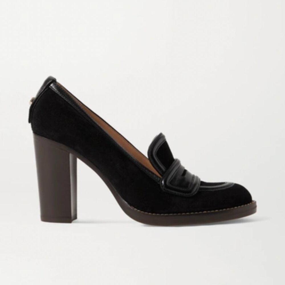 New Without Box Black Chloe Emma Suede Leather Trimmed Loafer Pumps Size 40